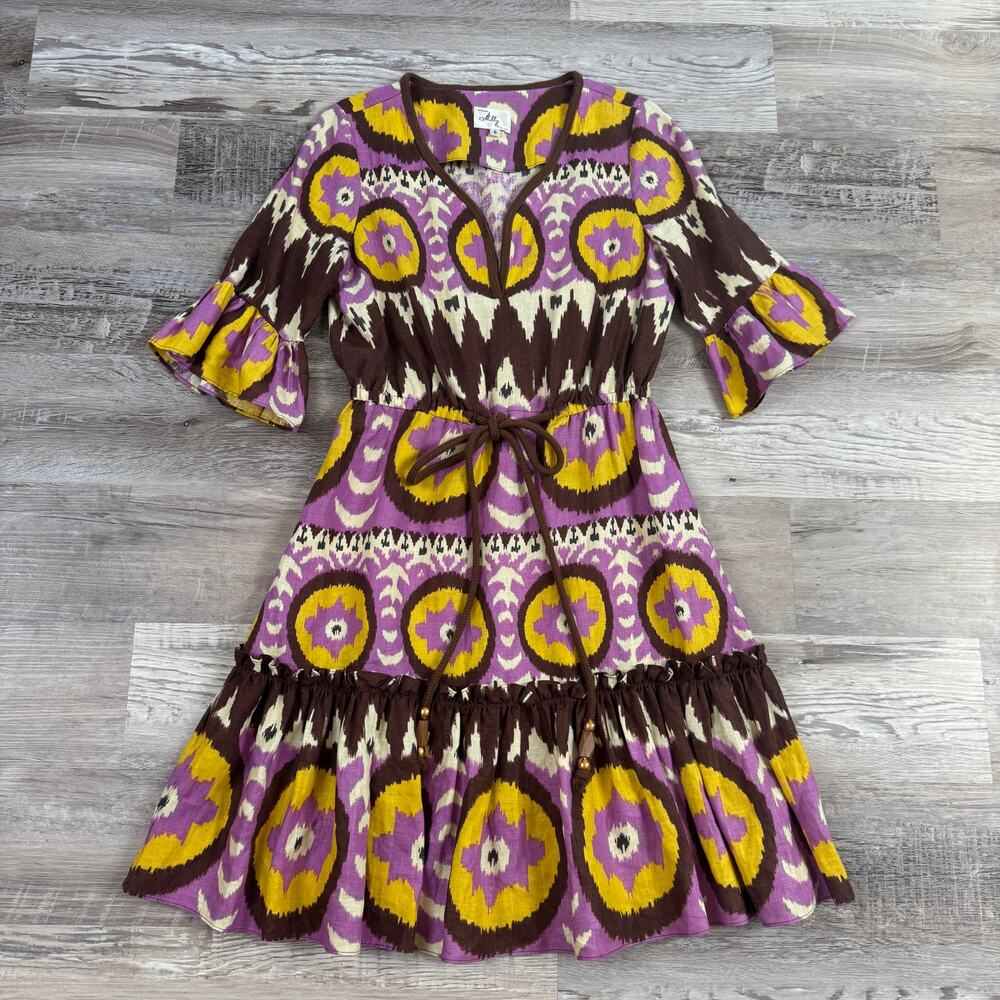 Milly Ikat Linen Bell Sleeve Dress Boho Eclectic Whimsigoth Fall Festival Folk 6